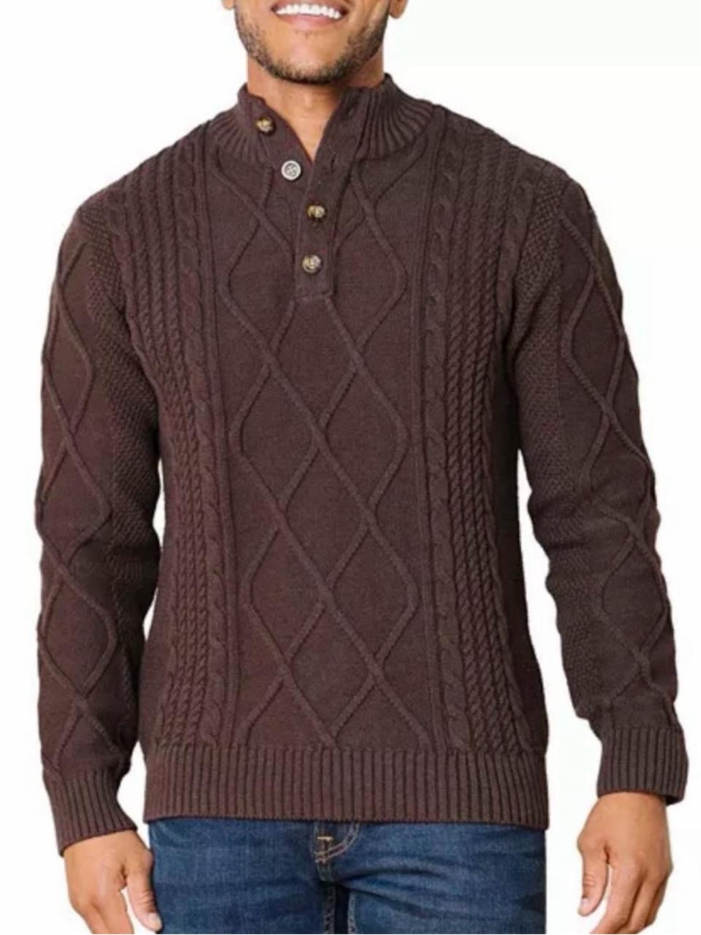 Hope & Henry Mens XL Organic Cotton Cable Knit Mock Neck Fisherman Sweater Brown